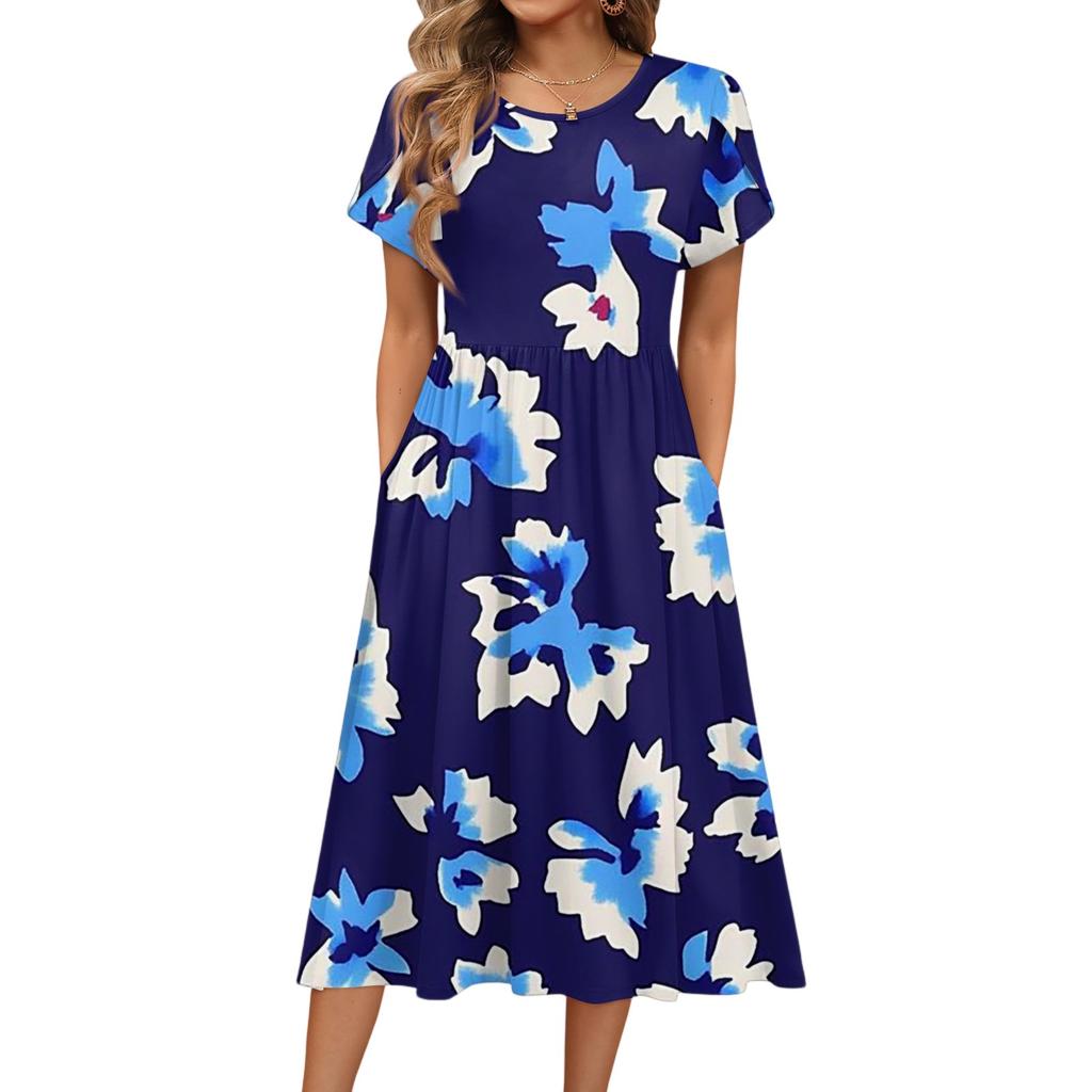 Damenmode Sommer Rundhals Kurzarm Blumendruck Strandkleider