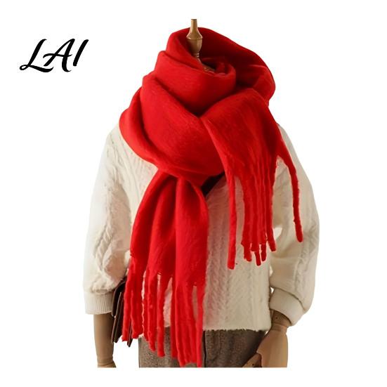 Oversized Cozy Winter Scarf Thickened Imitation Rabbit Velvet with Tassels for Women Solid Color Stylish Long Draped Neck Wrap Warm Shawl,