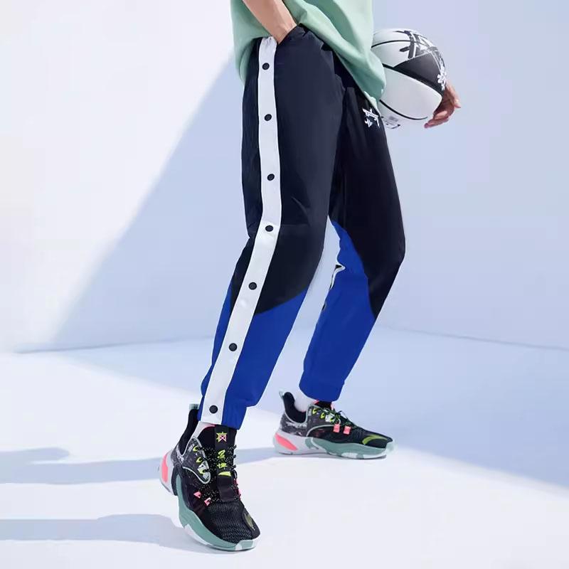 Anta Printed Logo Color-Block Drawstring Knit Joggers Men Bottoms Black Blue 152141506-1