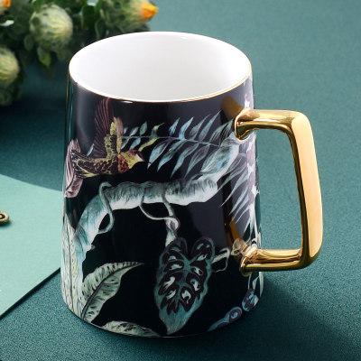 480ml Ceramic Coffee Mug With Luxury Gold Handle Pastoral Style Gold Flower Bird Magpie Birthday Gift Mugs