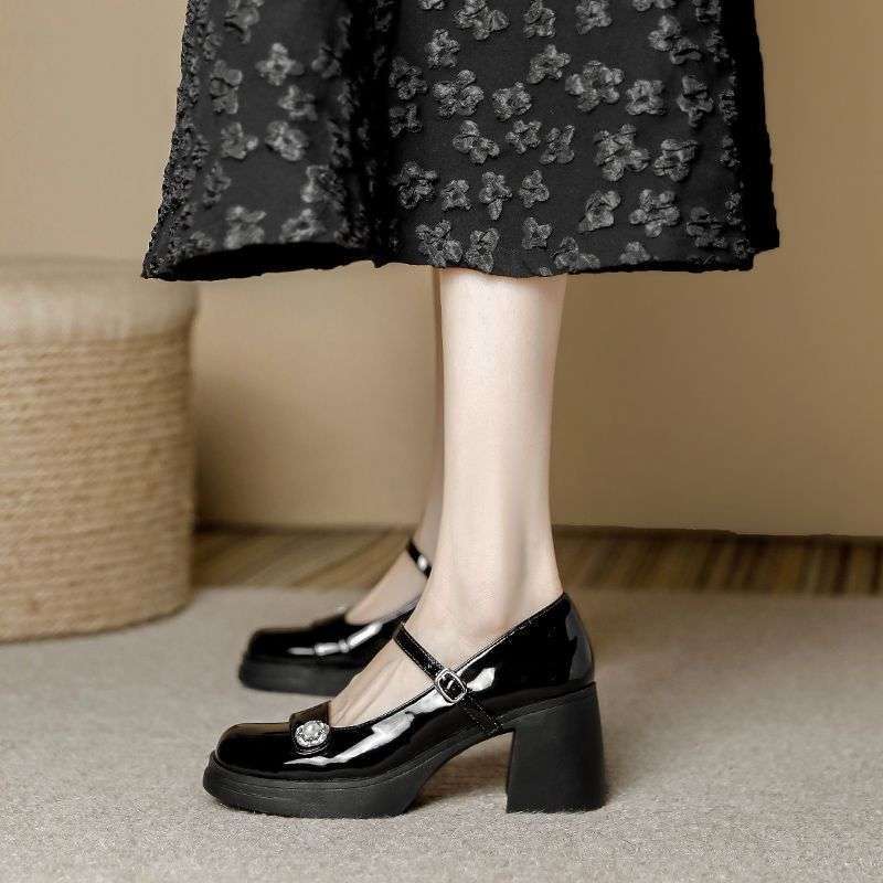 

Nude platform high heels Mary Jane women s shoes autumn new French with skirt light mouth thick heel single shoes spring 40 чёрный