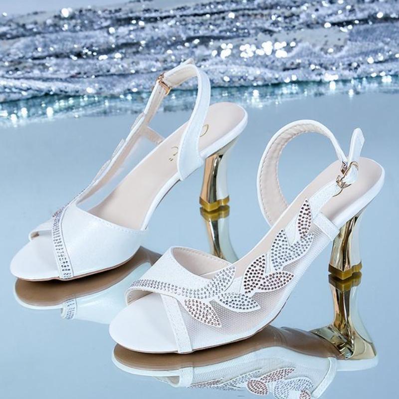 Rhinestones Mesh Hollow Breathable High Heels Women's Sandals Outdoor Chic and Elegant 2025 Luxury Summer Offers Ladies Shoes