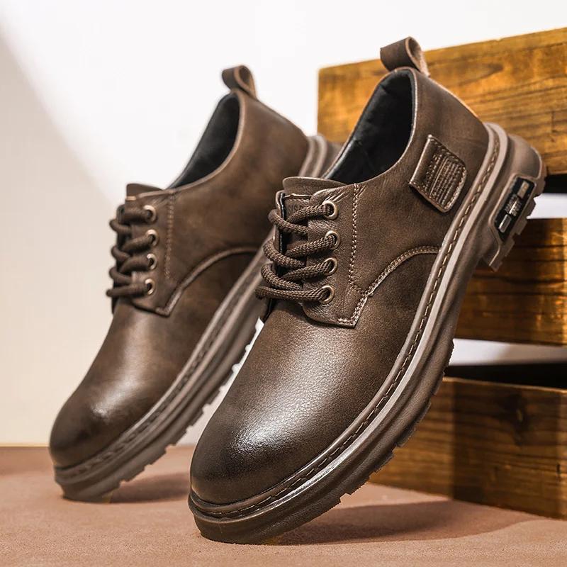 Fashion Men Casual Leather Shoes Retro Style  Classic Handmade Wear-Resistant Sneakers For Men Comfortable Thick Bottom Men Shoes