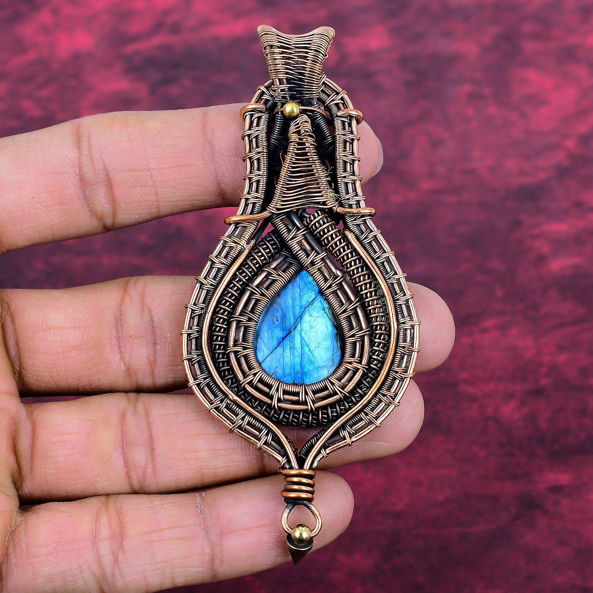 Labradorite Gemstone Pendant Copper Wire Wrapped Pendant Handmade Antique Jewelry