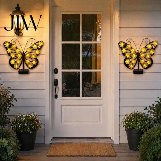 Decorative Butterfly Fence Lights 2Pcs Solar Outdoor Metal Wall Decor, IP65 Waterproof Garden Art with Lights, Hanging for Patio Porch