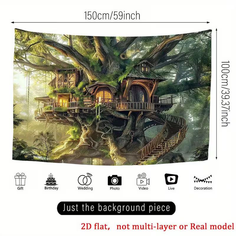 2D Whimsical Forest Treehouse Backdrop, Fantasy Nature Wall Tapestry 47.2x31.5inch/120*80cm