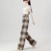 Women's Retro Black & White Plaid Wool Blend Wide-Leg Pants: Fleece-Lined, Thickened, Loose Fit for Autumn/Winter Casual Style.