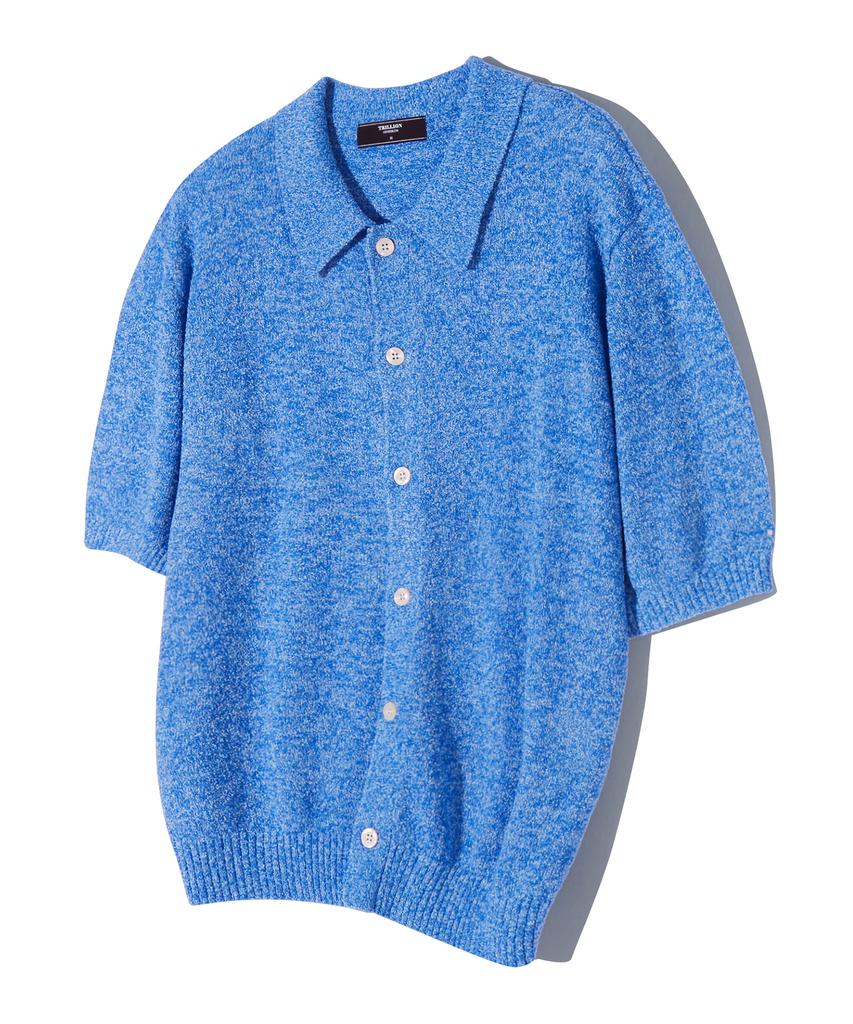 TRILLION Washable Boucle Collar Short Sleeve Knit (Melange Blue)