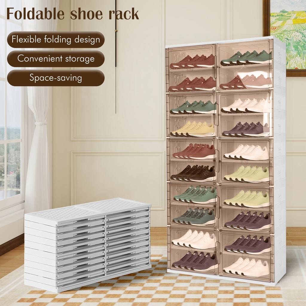 10 Tiers Foldable Shoe Rack Organizer with Magnetic Clear Door Collapsible Shoe Cabinet Plastic Shoe Storage Box for Living Room