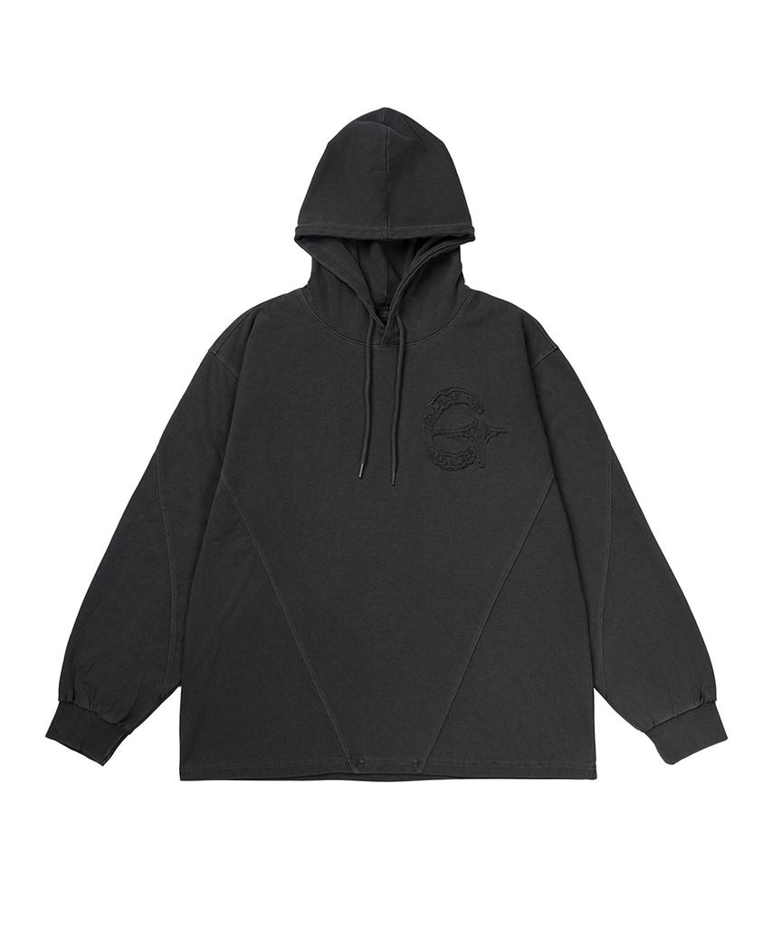 Cutout Patch Pigment Hooded Long Sleeve Charcoal