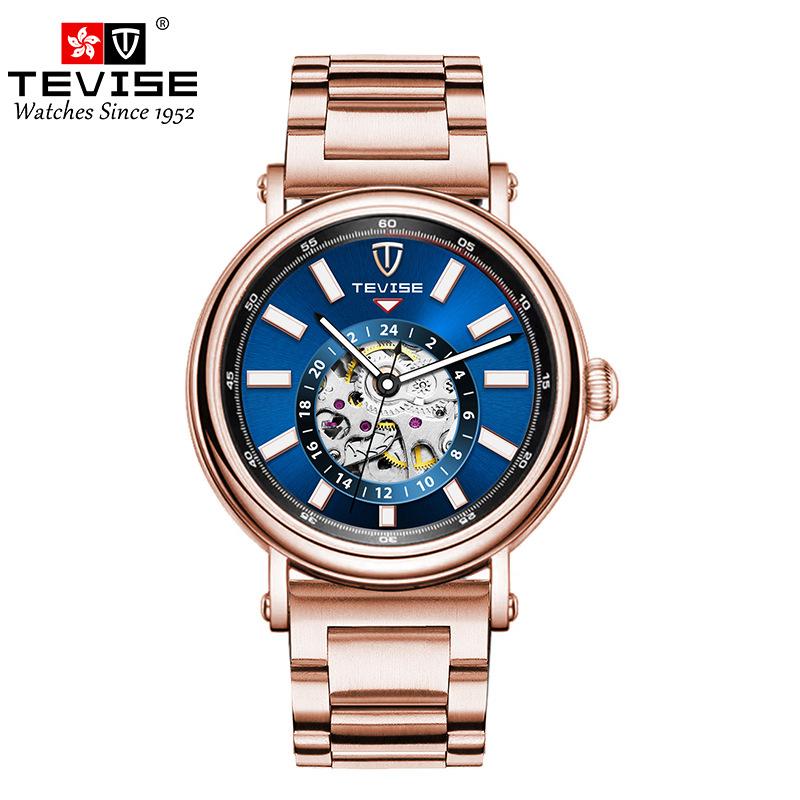 

Rose Golden Watch Wateproof Luminescent Simple Business Style Fully Automatic Mechanical Men s Watch Skeleton Dial Steel Strap рожевий колір золота