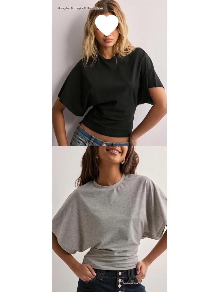 Koreansk-stil Dame Sommer Rund Hals Kort Ærme Løstsiddende T-shirt
