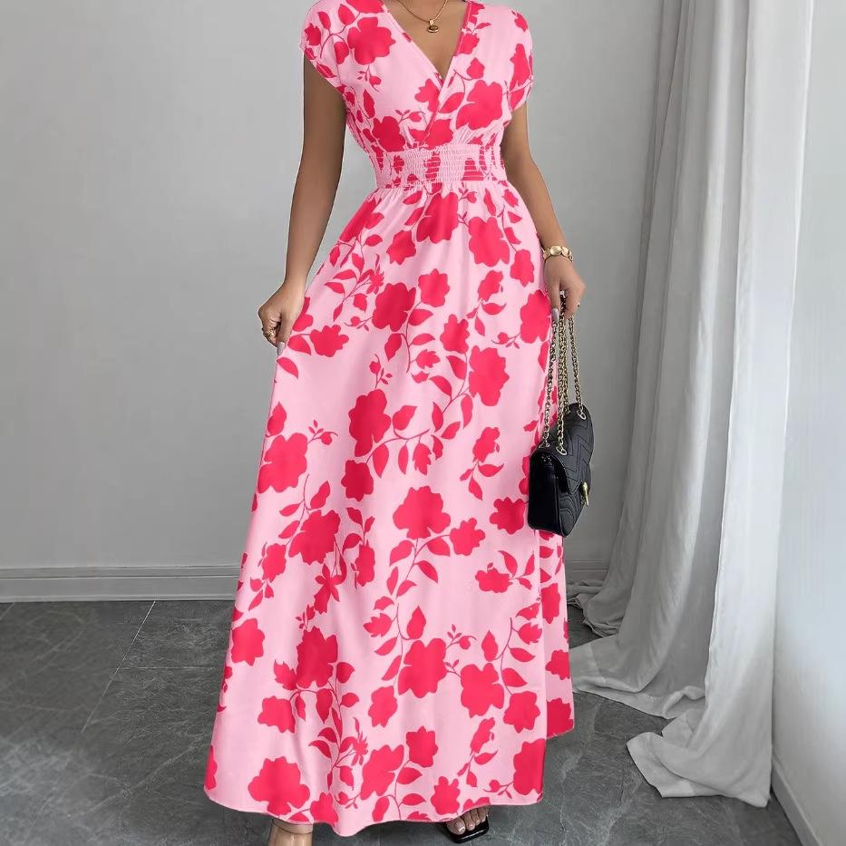 Rose Print V-neck Short-sleeved Slim Dress - Elegant Summer Women's Clothing 2026