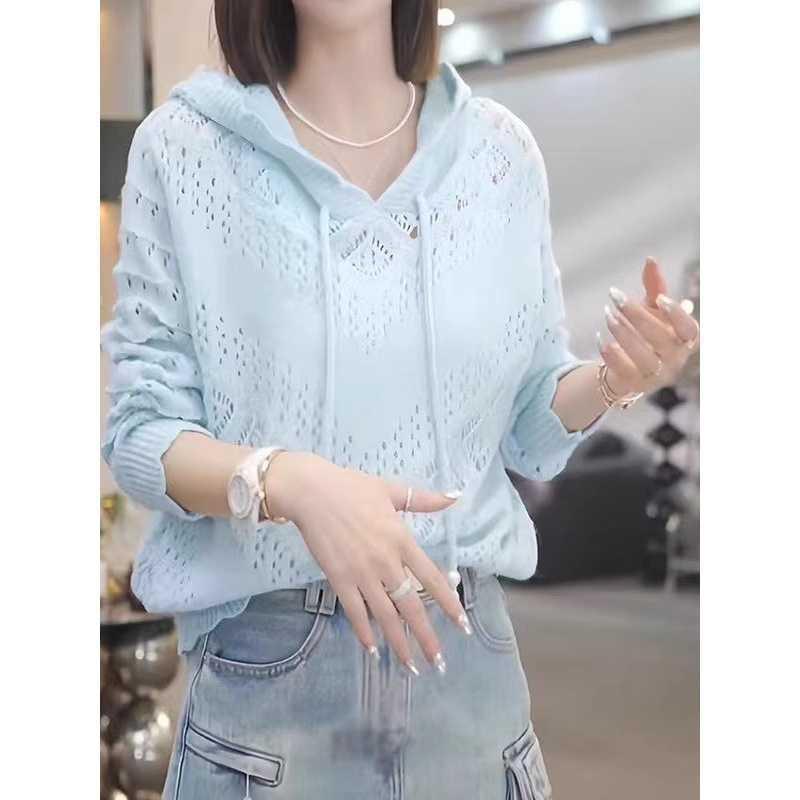 Nuovo Maglione Sottile Colore Unico Primavera Top Largo Pigro Manica Lunga Uncinetto Fiore Lavorazione a Maglia con Cappuccio per Donna