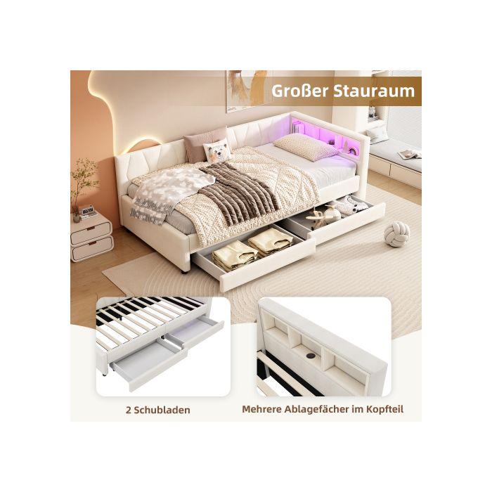 Canapé-lit - MUVOE - 90x200 Cm - Lin Beige - Éclairage LED - Port USB-C