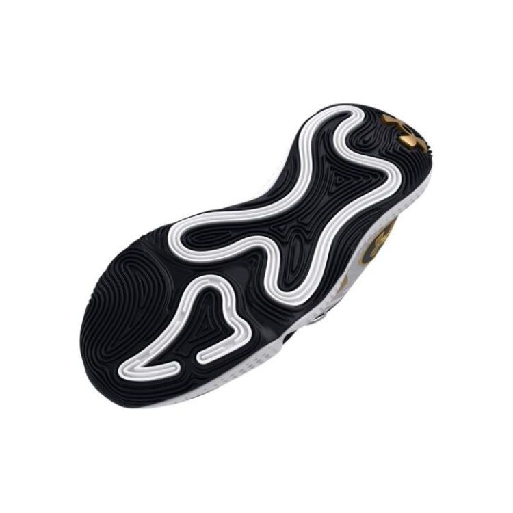 Under Armour Spawn 5 Basketball Shoes White Black Gold Youth 3026285-101