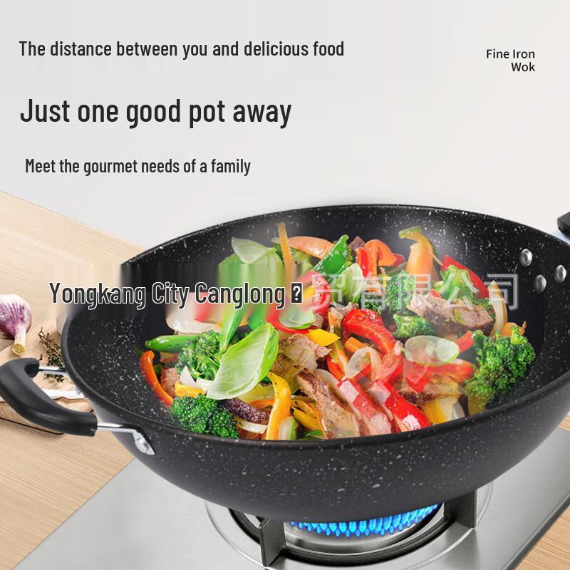 34CM Verfeinerter Eisen-Antihaft-Wok mit Deckel