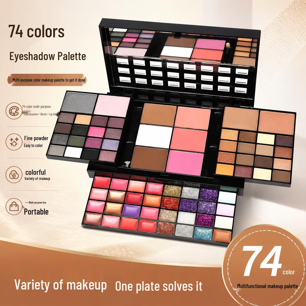 74-Color Makeup Palette: Glitter Eyeshadow, Blush, Foundation, Cream Lipstick Set