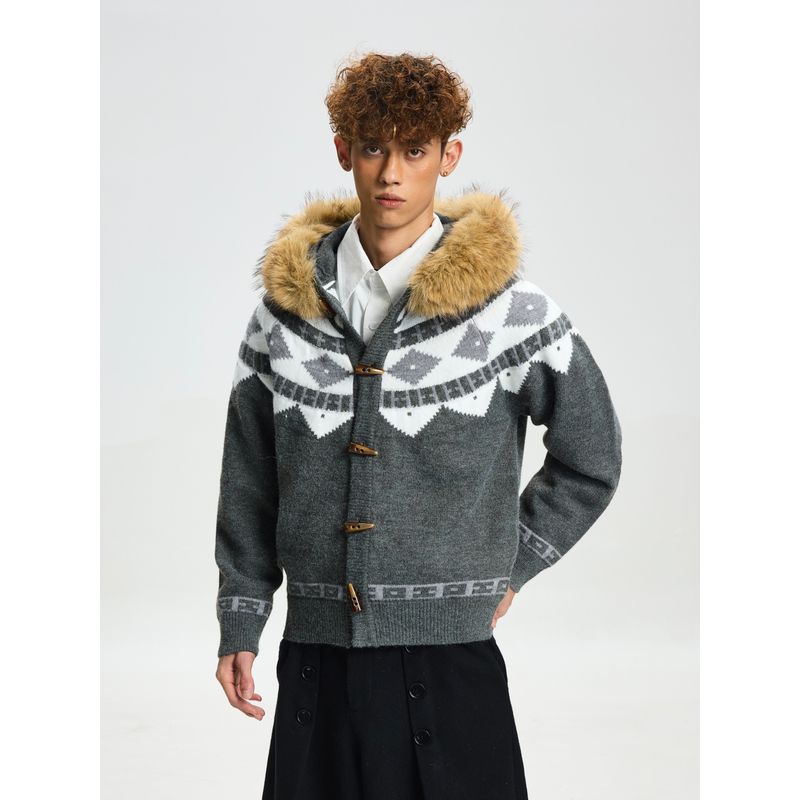 Cabbage Coke American-Style Detachable Fur Collar Fair Isle Sweater Jacket for Men and Women, Autumn Thickened Couple's Color-Block Knitwear