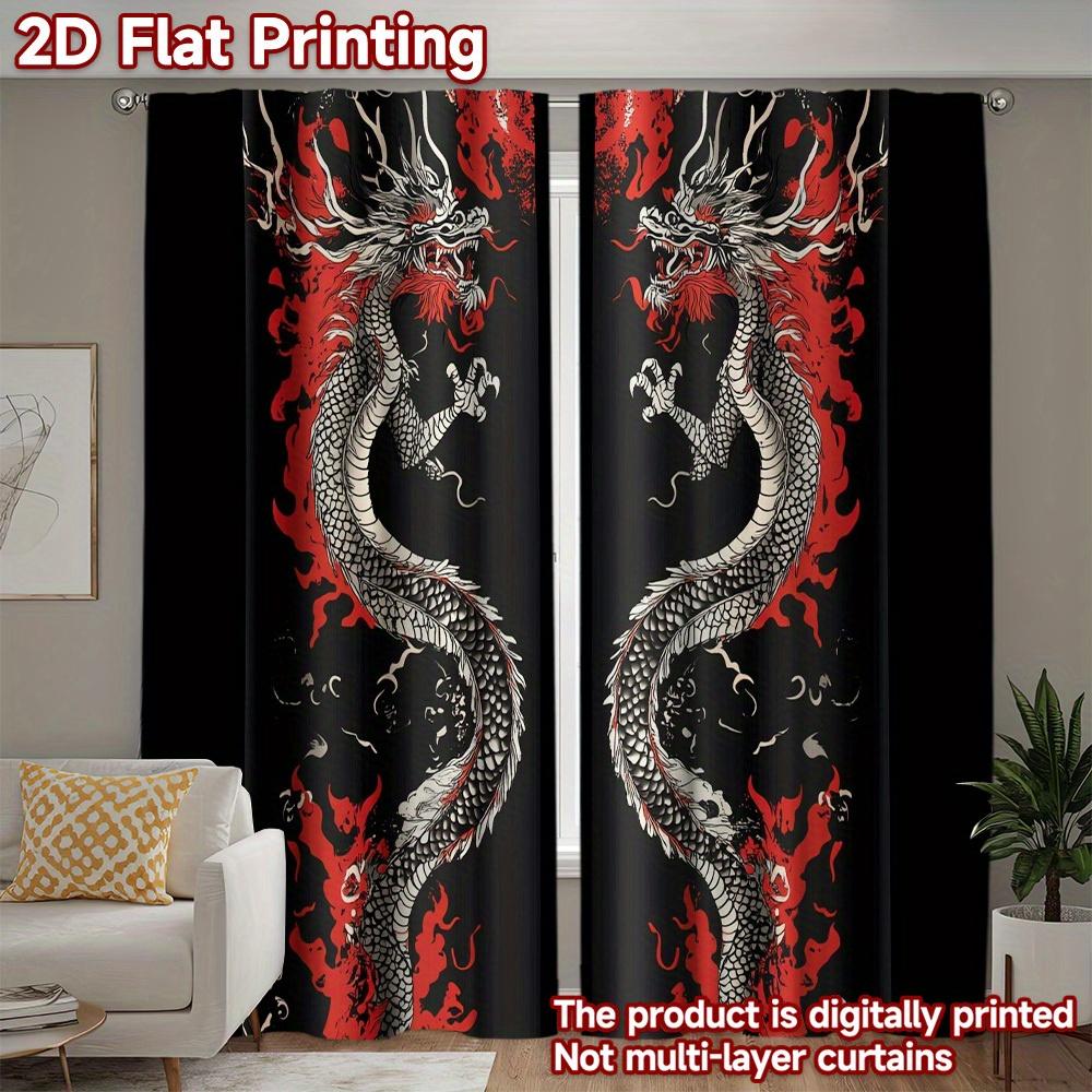 2pc Japanese Dragon Curtains – Black & Red   Light-Filtering Rod Pocket for Living Room   Bedroom & Kitchen (Rod Not Included)