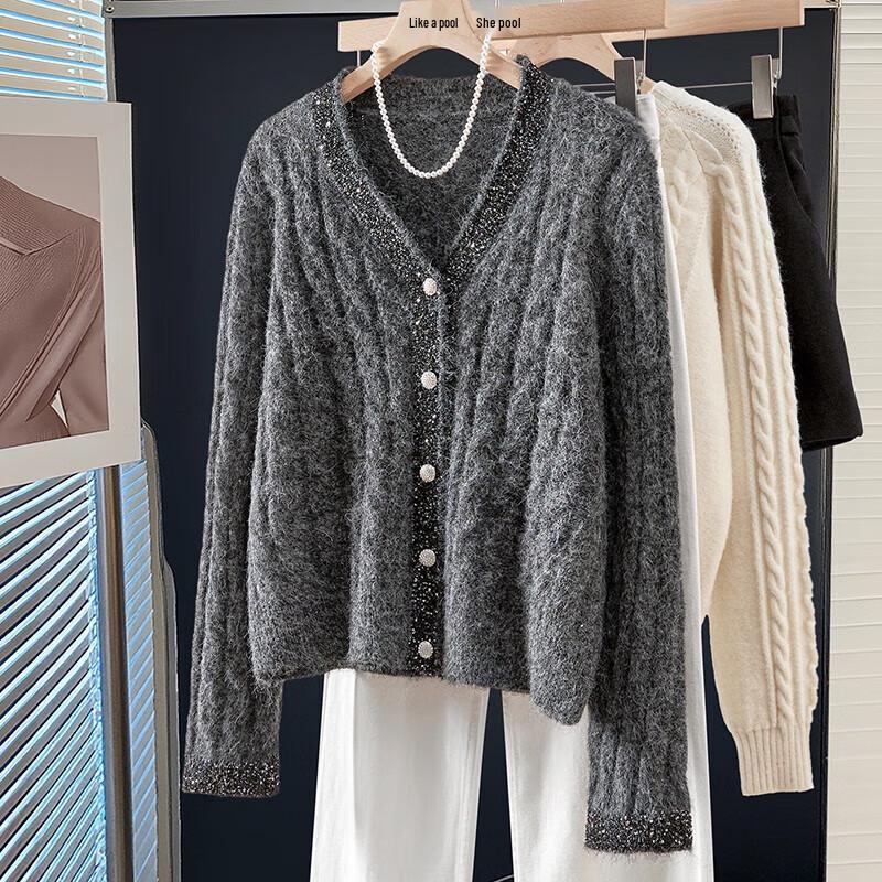 

Women s Elegant V-Neck Wool Blend Color-Block Cardigan One Size