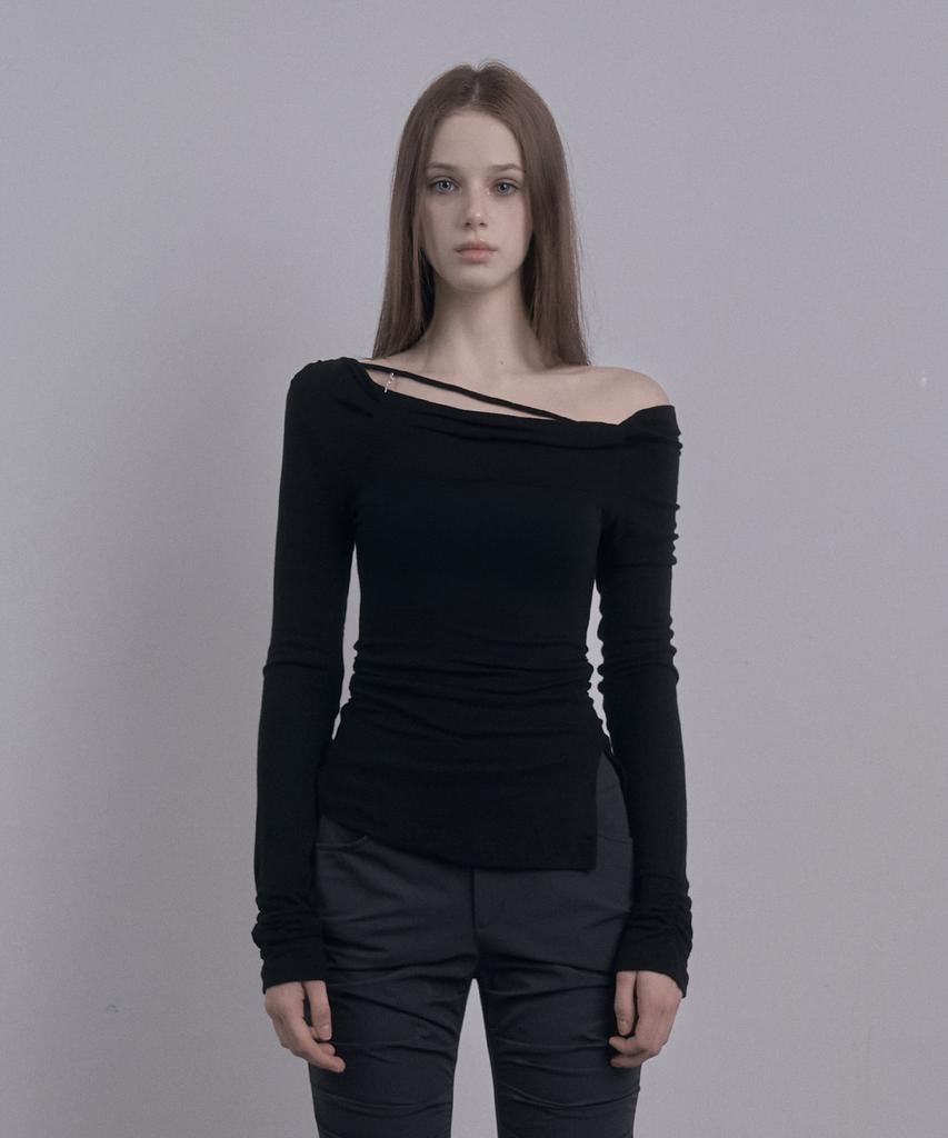 DAMIO Draped Strap Long Sleeve Top (Black)