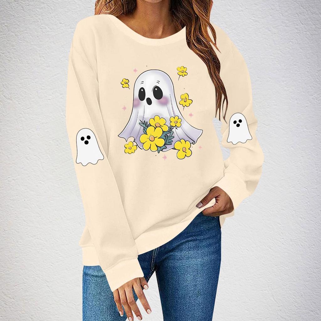 Women's Fashionable Casual Long-sleeved Halloween Printed Round-neck Top