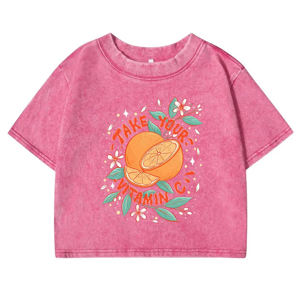 

Женская ретро футболка с оранжевым узором витамина C, выстиранная, уличная, мягкая, модный кроп-топ, летняя одежда XL