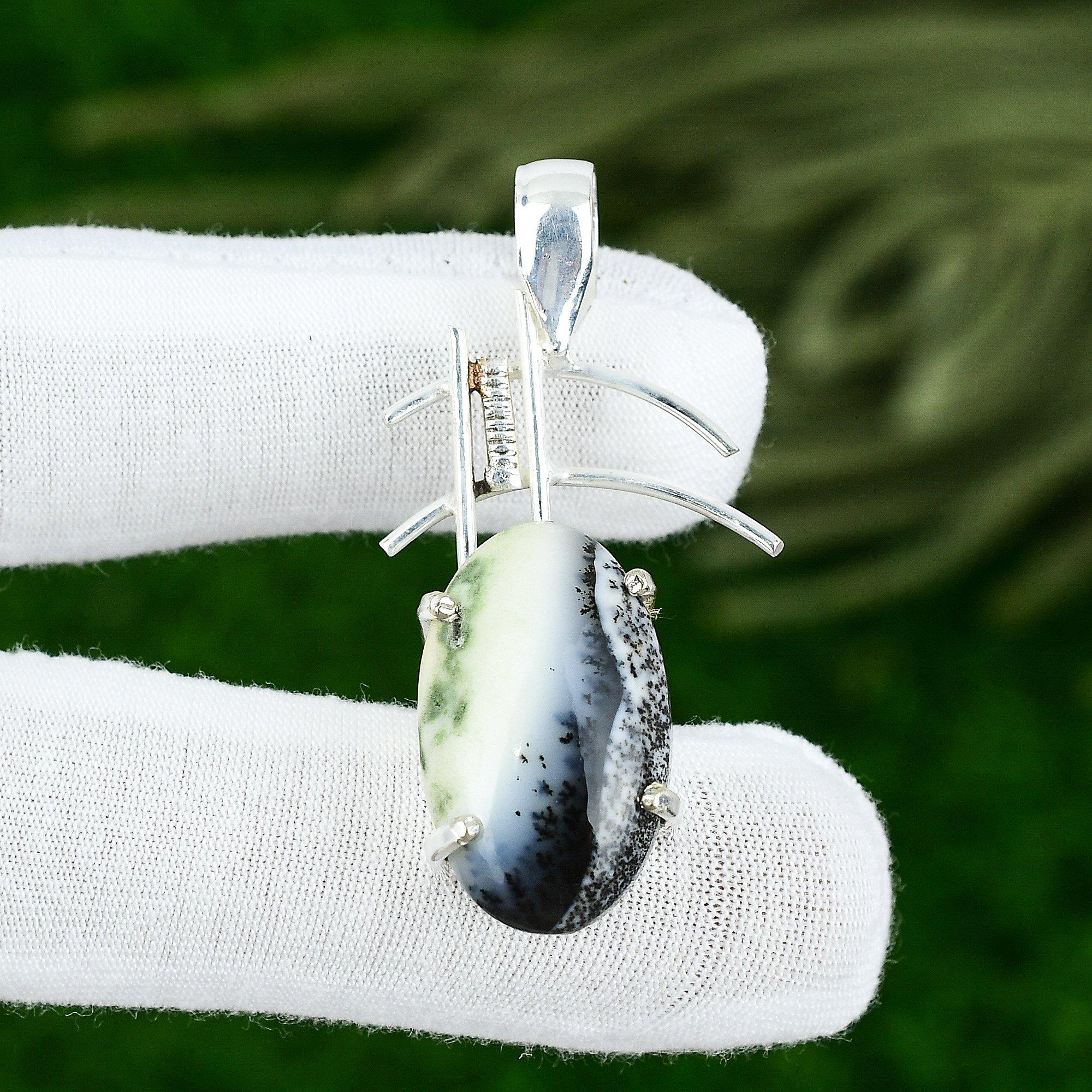 

925 Silver Oval Dendrite Opal Stone Bezel Mother Handcrafted New Pendant Jewelry
