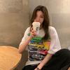 Pure cotton spring and summer loose medium and long retro printed short-sleeved t-shirt women's trend