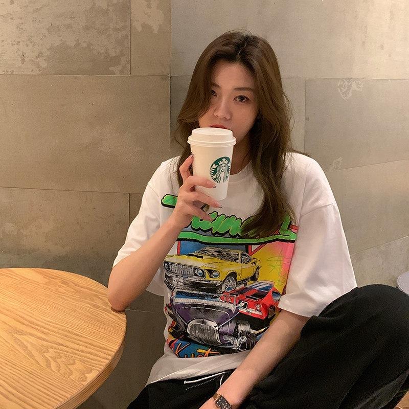 Pure cotton spring and summer loose medium and long retro printed short-sleeved t-shirt women's trend