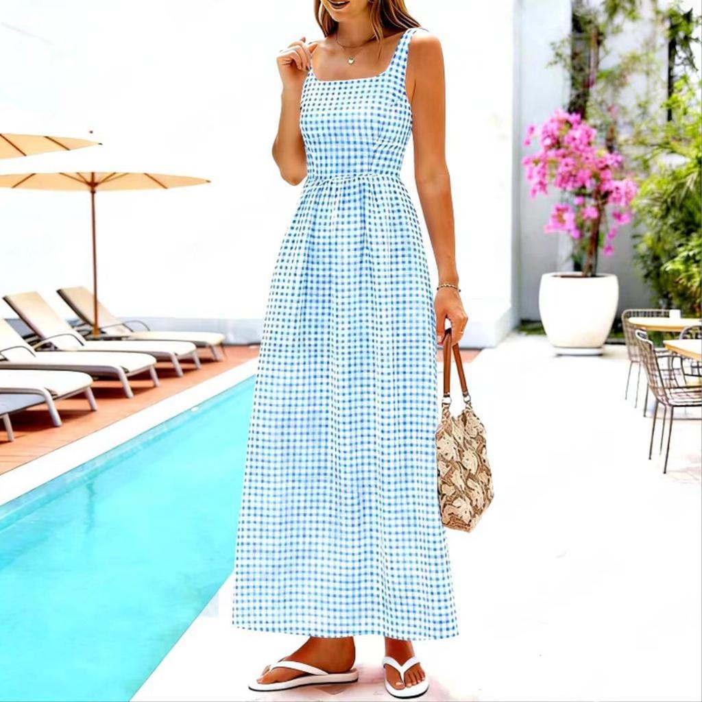 Women Casual Loose Fit Sleeveless Dress Square Neck A-Line Long Maxi Dress with Checkered Pattern Summer Sundress