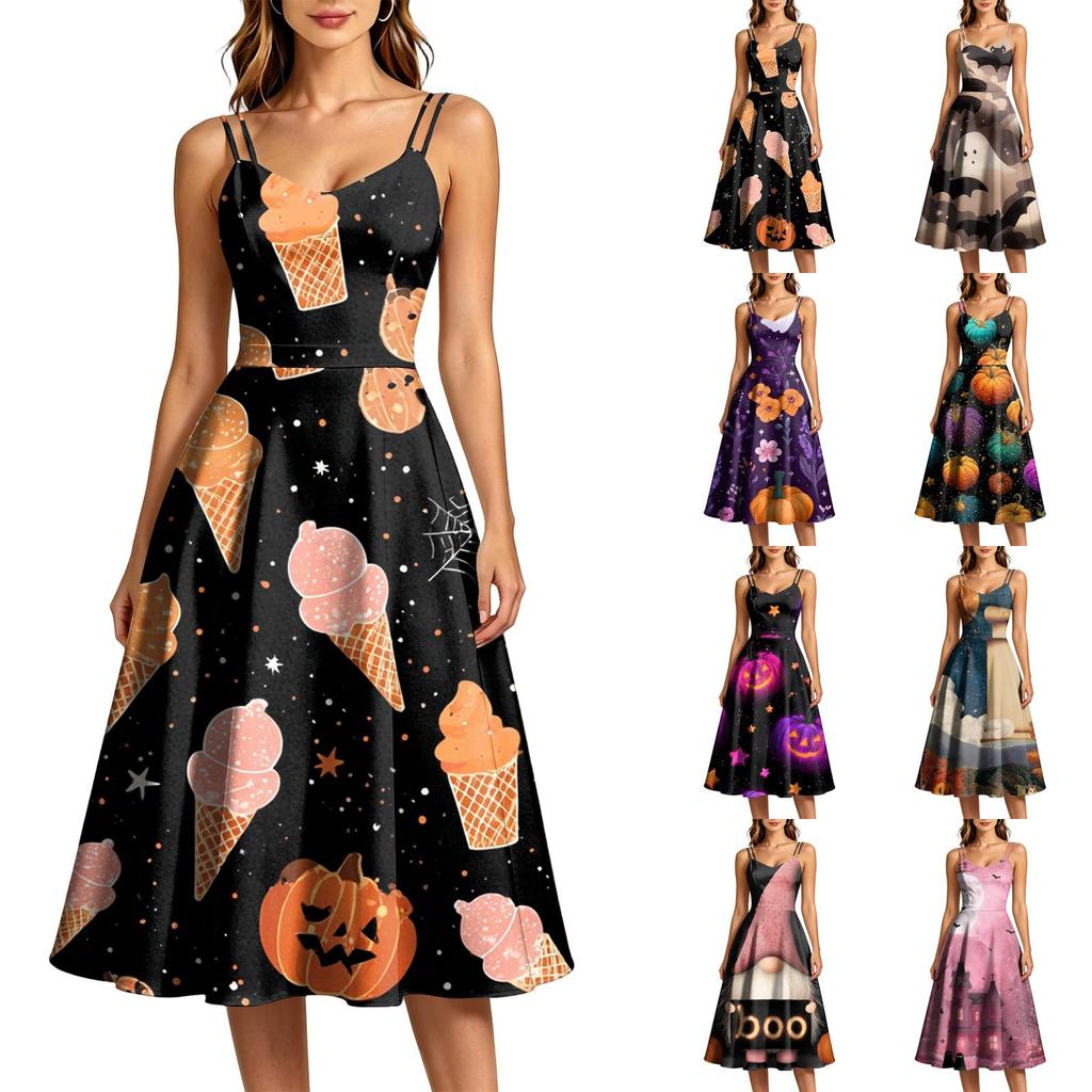 Women's Casual Halloween Print Round Neck Sleeveless Dress for Holiday Party