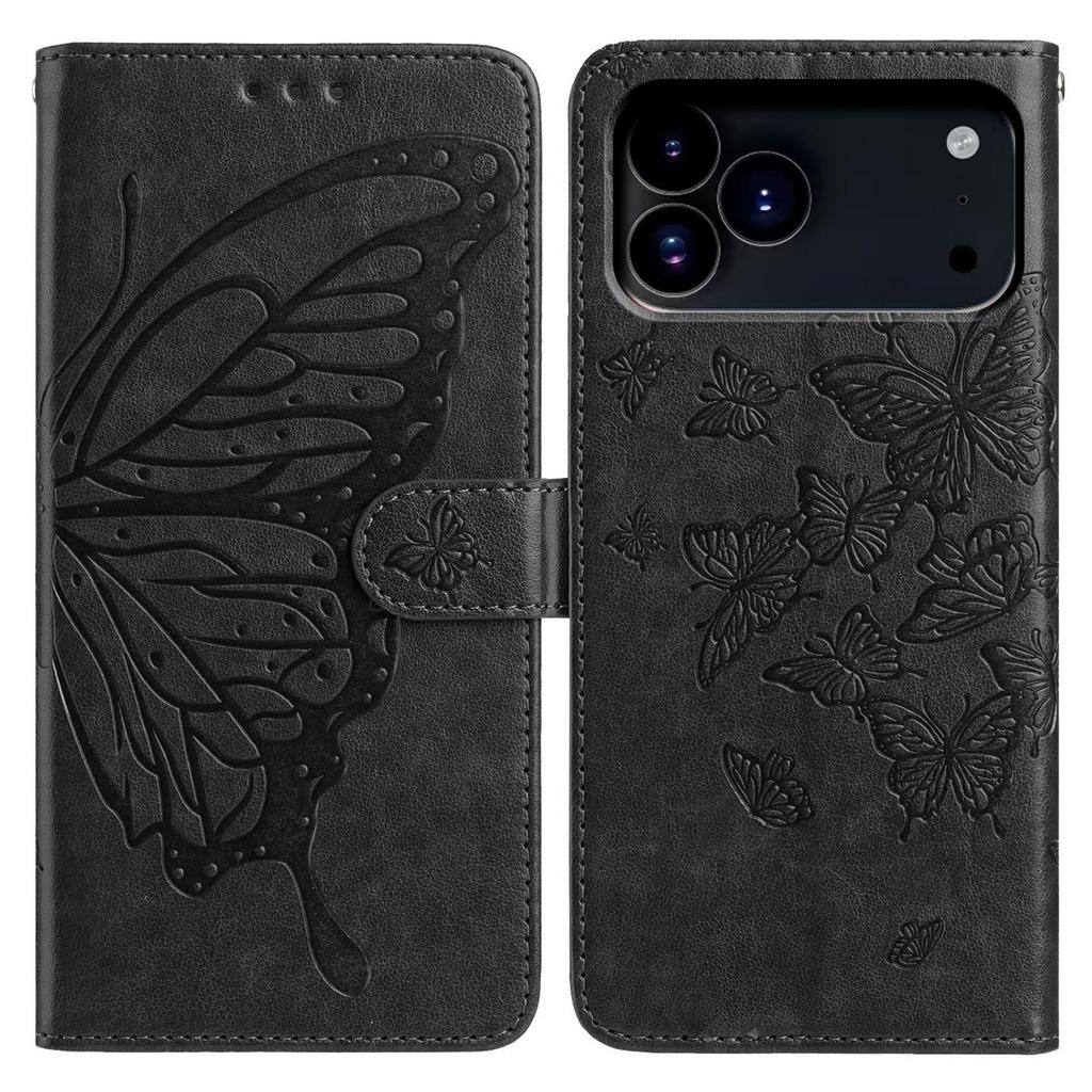 For iPhone 17 Pro Case Butterfly Imprinted Wallet Stand PU Leather Flip Phone Cover with Strap