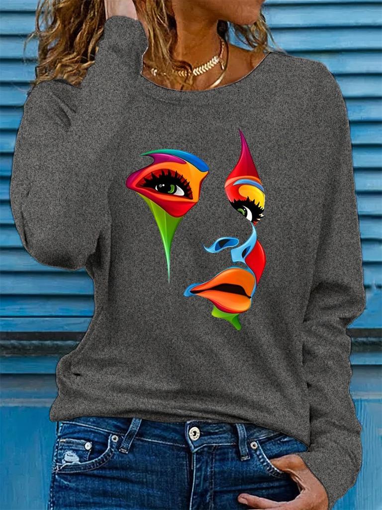 women's spring and autumn casual fashion long sleeved portrait graphic printed round neck T-shirt