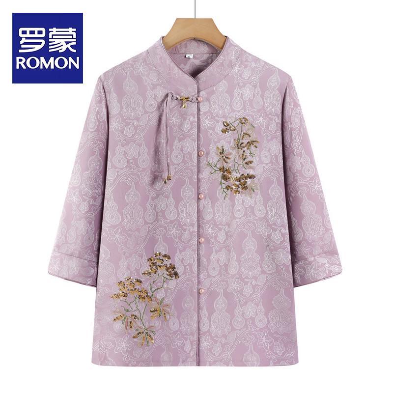 Romon Women s Embroidered Stand Collar Summer Shirt 4XL