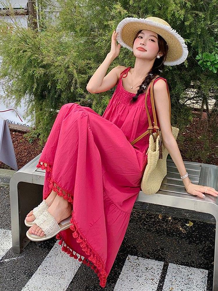Women's 2026 French Style Fringe Beach Dress: Summer Spaghetti Strap, Loose Waist, Long & Flattering