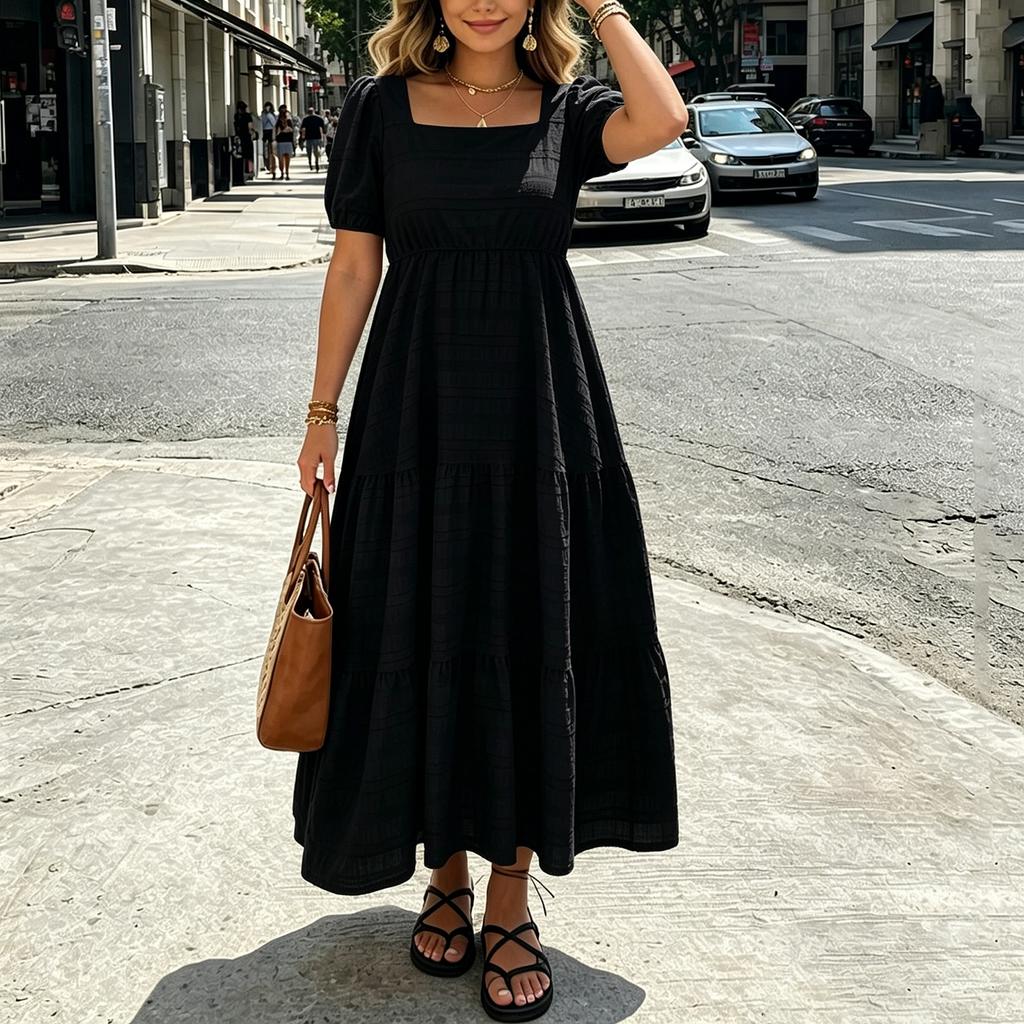 Women Plus Size Bohemian Maxi Dress Square Neck Puff Sleeve Loose Fit Casual Long Dress for Summer Beachwear