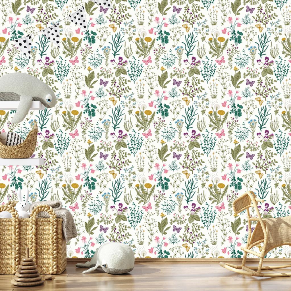 Wild Flowers with Butterflies Wallpaper for Living Room and Bedroom 50x1000