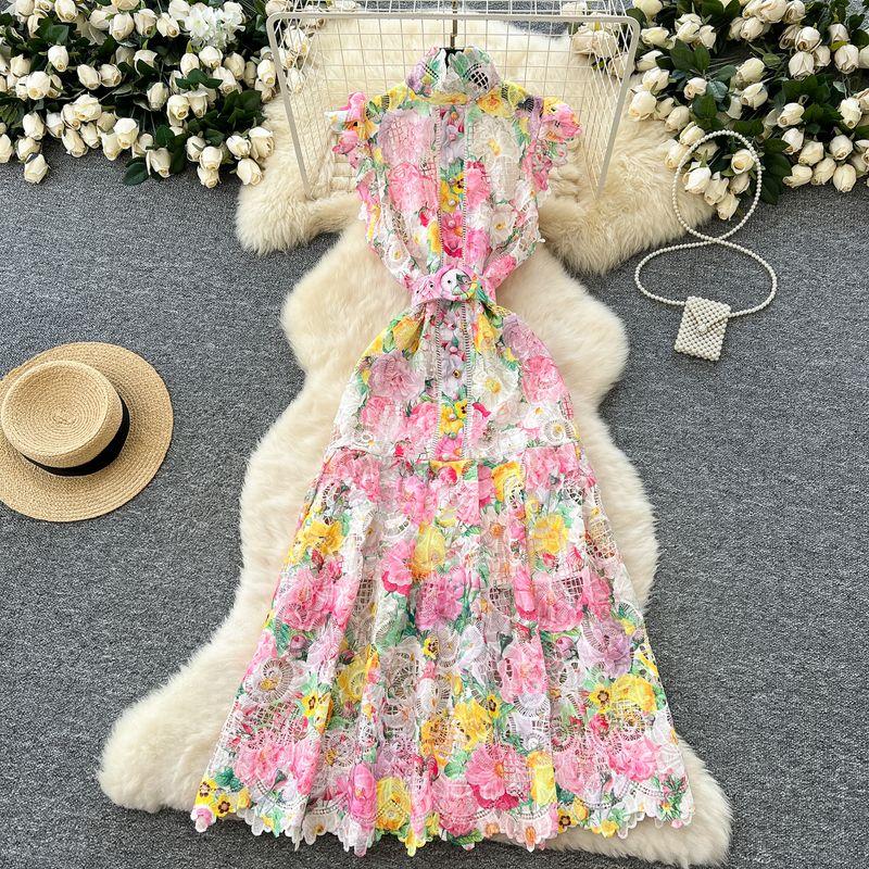 

French Style Elegant Retro Cut Out Crocheted Lace Turtleneck Flying Sleeve Waist Long Dress Women s Slim Looking Dress Pink 2XL