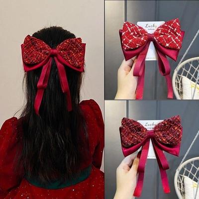 Red Plaid Bow Ribbon Hairpin Ladies Sweet Temperament Hair Clip New Year Party Princess Headdress Fashion Hair Accessories Gifts