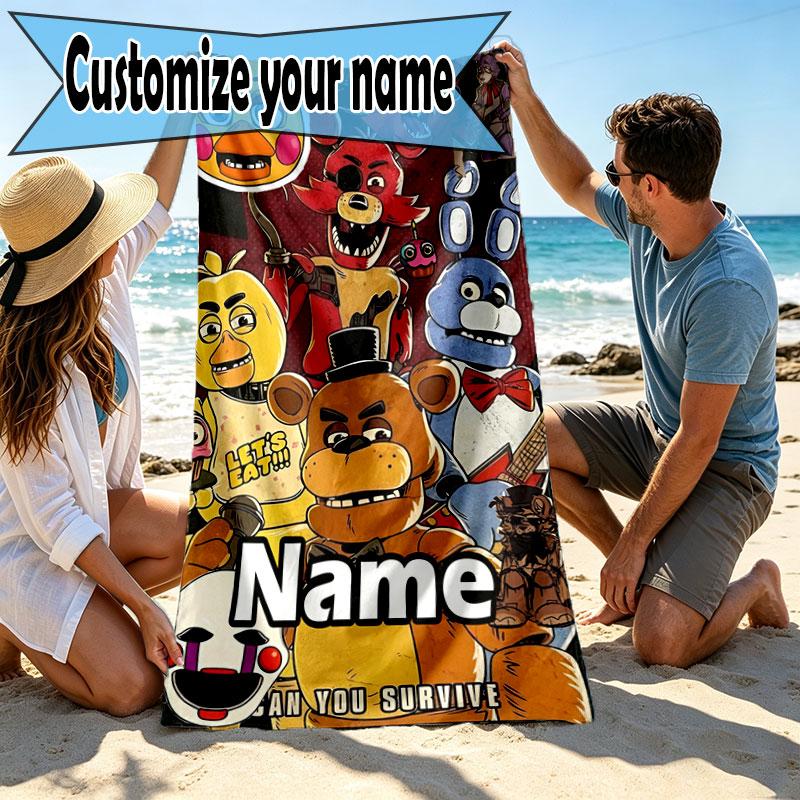 Personalisierter Strandtuch mit individuellem Namen für Five Nights at Freddy's, für Reise Camping Strandparty Heimdekoration, Geburtstagsgeschenk für Familie & Freunde
