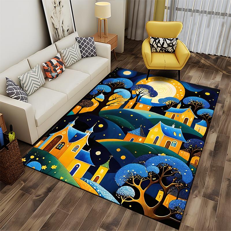 Whimsical Village Night Scene Carpet with Moonlit Landscape Design Suitable for Use As an Anti-slip for Living Room Bedroom Sofas