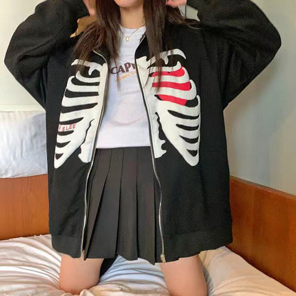 2023 European and American New Hoodie Skull Hiphop Sweater Women's Loose Street Sports Zipper Cardigan Y2k Jacket