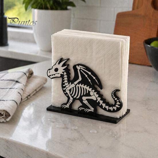 Dark Theme Table Organizer Halloween Wooden Napkin Holder, Ghost Pumpkin Skeleton Cat Bat Tissue Dispenser, Waterproof Gothic Room Decor Tabletop for