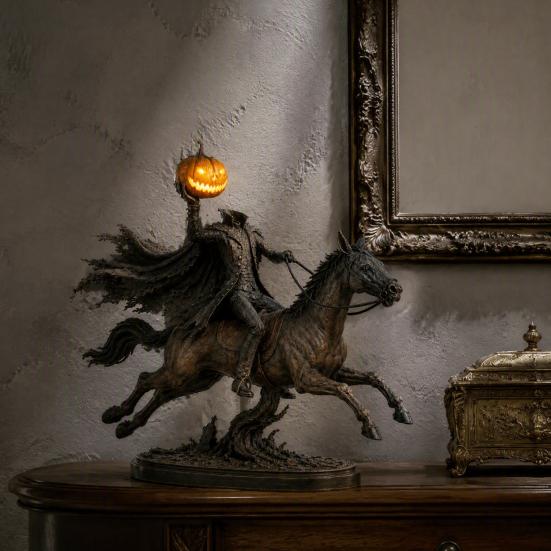 Estatua del Jinete sin Cabeza de Halloween con Luz de Calabaza LED, Decoración de Fantasma Iluminada de Resina, Figura de Caballero, Escultura de Terror para Decoración de Mesa del Hogar