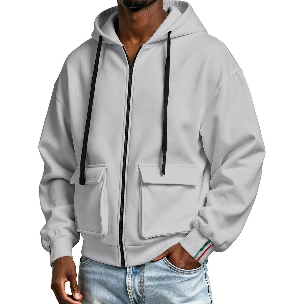 Men's Color Zip-Up Hooded Sweatshirt with Large Pockets for Winter