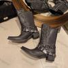 Fashion Women Chunky Mid-heel Boots Ladies Autumn Buckle Women Platform Knee High Boots Punk Street Fashion Rivet Western Cowboy Boots