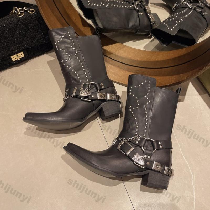 Fashion Women Chunky Mid-heel Boots Ladies Autumn Buckle Women Platform Knee High Boots Punk Street Fashion Rivet Western Cowboy Boots