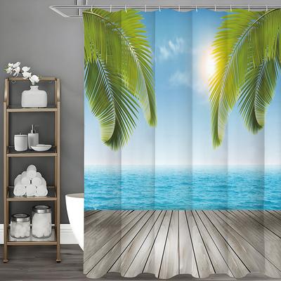 Cortina de Chuveiro Painel de Madeira Oceano Folha de Palmeira, Cortina de Chuveiro Decorativa para Banheiro, Cortina de Chuveiro Impermeável com Ganchos